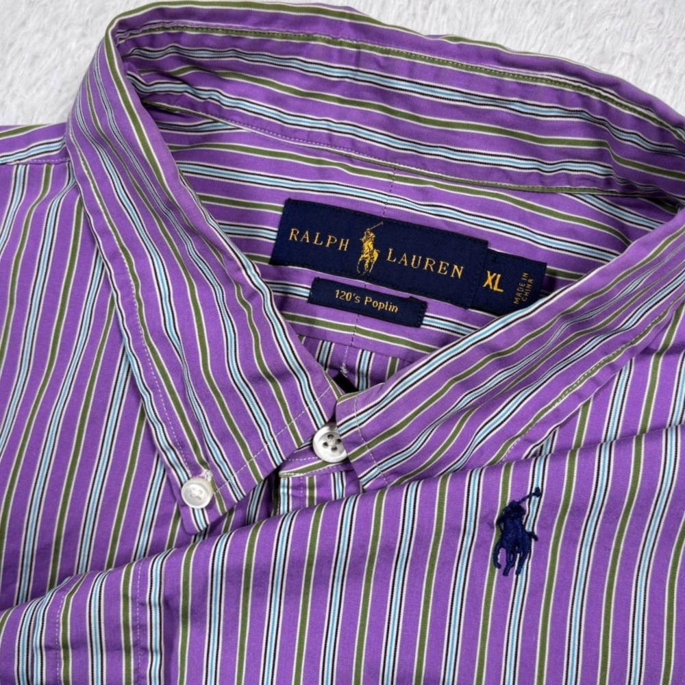 Ralph Lauren Button Shirt Mens XL Purple Green Striped Pony Logo Long Slv Preppy